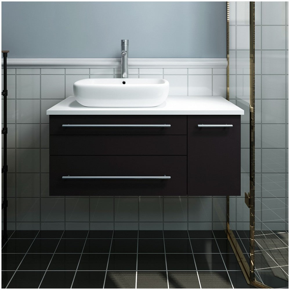 36 Espresso Wall Hung Bathroom Cabinet w/ Top & Vessel Sink - Left Version