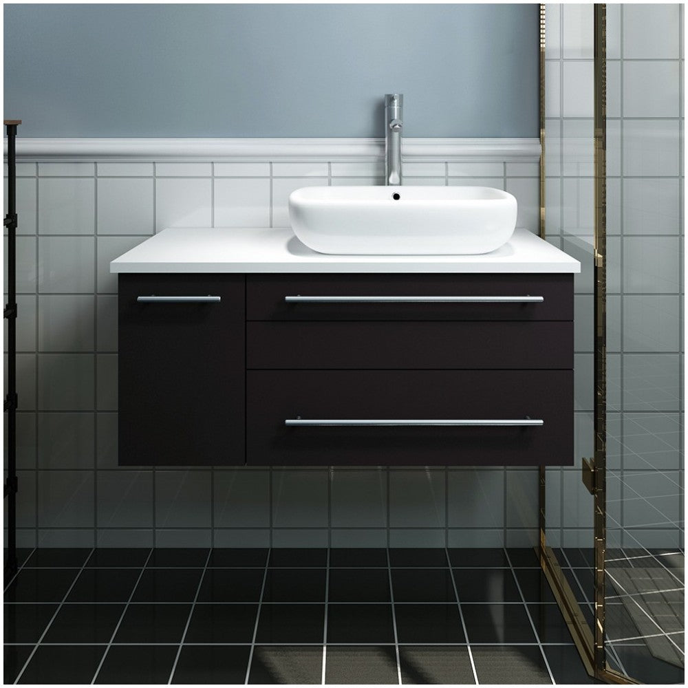 36 Espresso Wall Hung Bathroom Cabinet w/ Top & Vessel Sink - Right Version