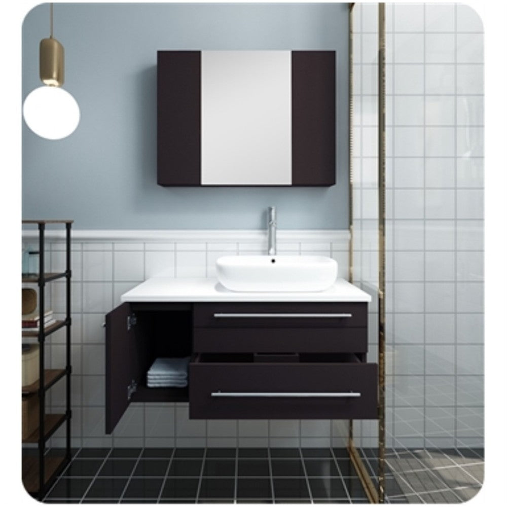 36 Espresso Wall Hung Vessel Sink Bathroom Vanity w/ Medicine Cabinet - Left