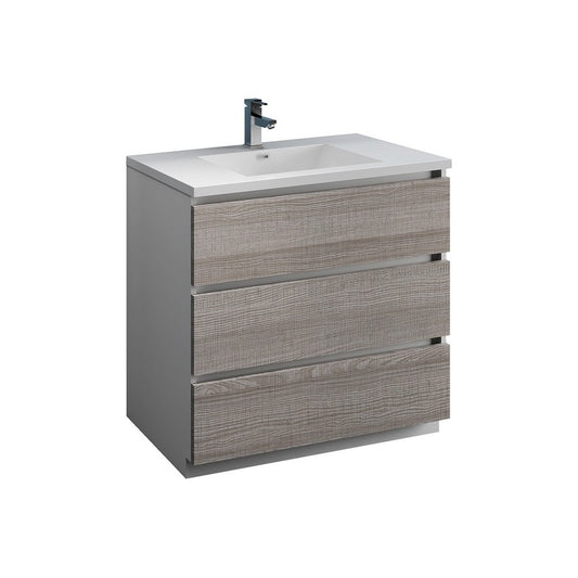 36 Glossy Ash Gray Free Standing Modern Bathroom Cabinet w/ Integrated Sink
