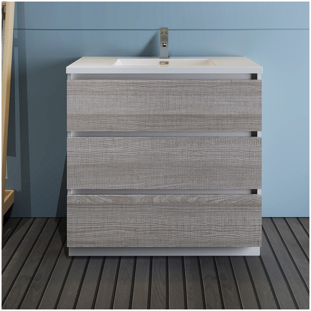 36 Glossy Ash Gray Free Standing Modern Bathroom Cabinet w/ Integrated Sink