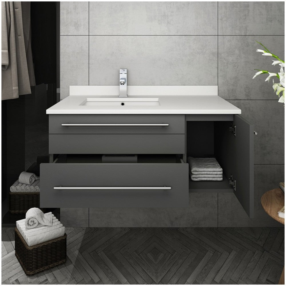 36 Gray Wall Hung Bathroom Cabinet w/ Top & Undermount Sink - Left Version