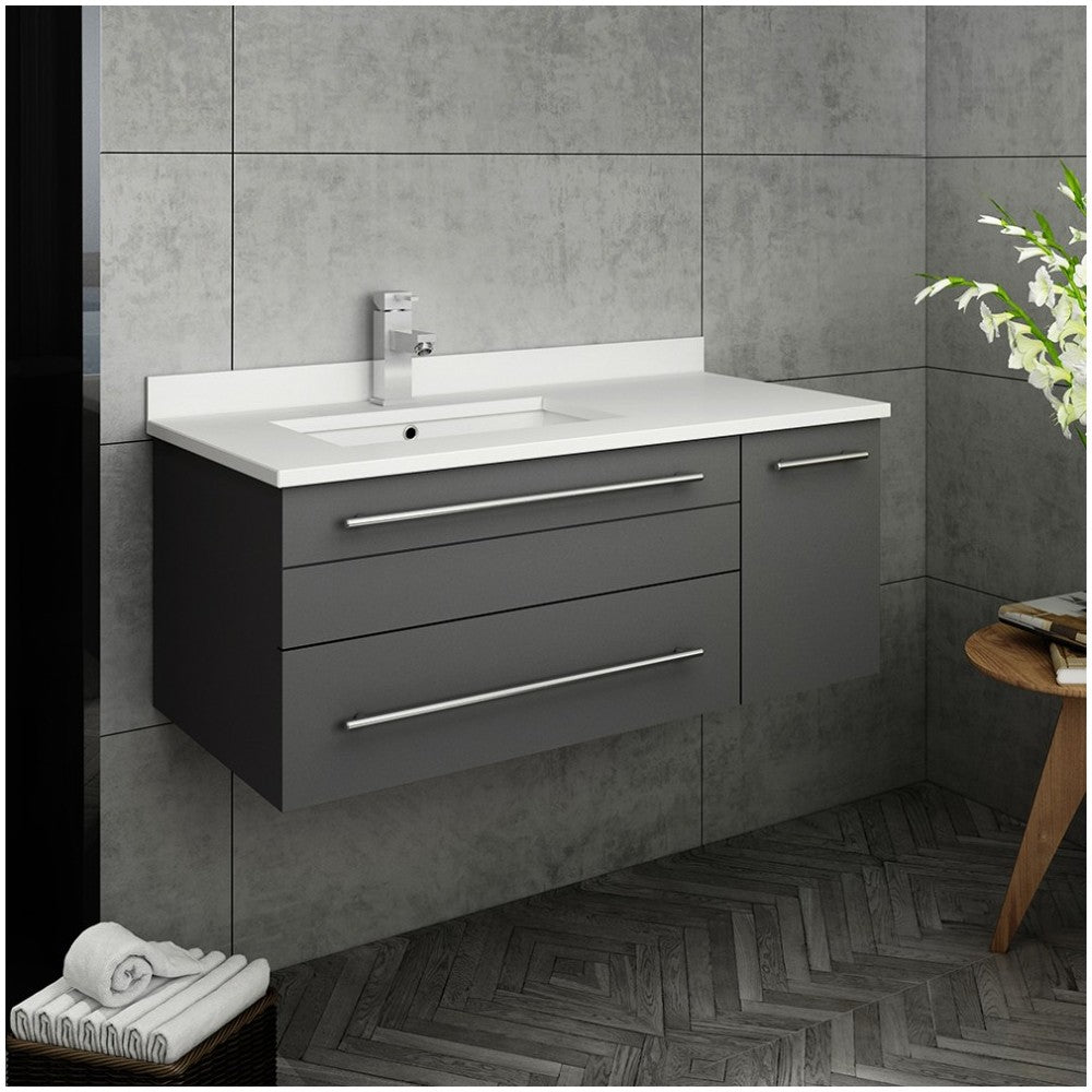 36 Gray Wall Hung Bathroom Cabinet w/ Top & Undermount Sink - Left Version
