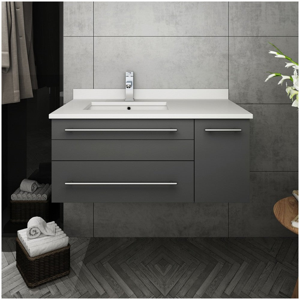 36 Gray Wall Hung Bathroom Cabinet w/ Top & Undermount Sink - Left Version