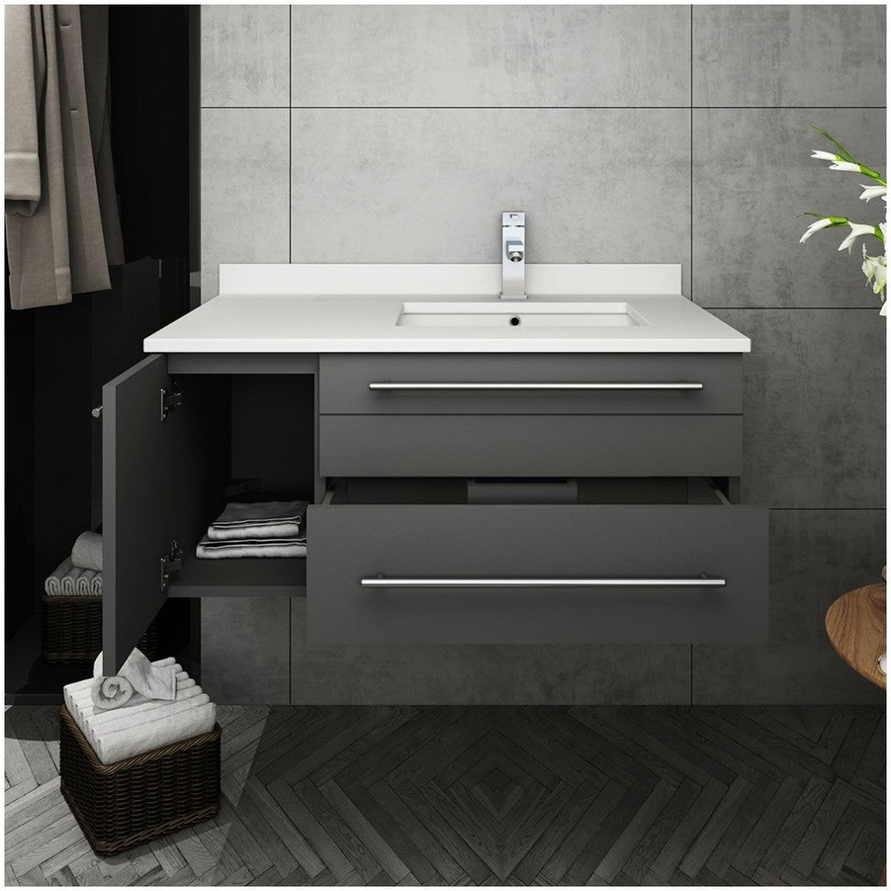 36 Gray Wall Hung Bathroom Cabinet w/ Top & Undermount Sink - Right Version