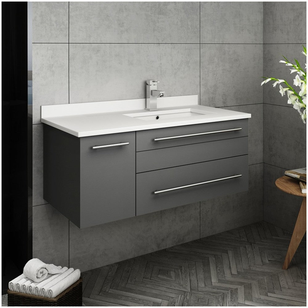 36 Gray Wall Hung Bathroom Cabinet w/ Top & Undermount Sink - Right Version