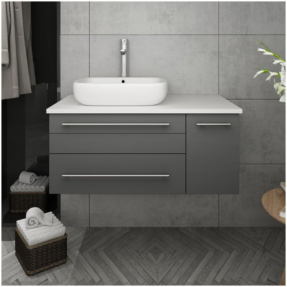 36 Gray Wall Hung Modern Bathroom Cabinet w/ Top & Vessel Sink - Left Version
