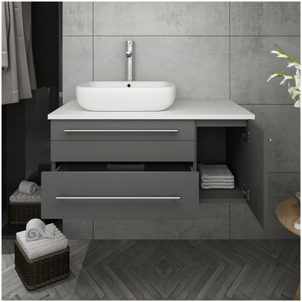 36 Gray Wall Hung Modern Bathroom Cabinet w/ Top & Vessel Sink - Left Version