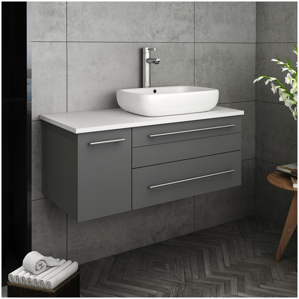 36 Gray Wall Hung Modern Bathroom Cabinet w/ Top & Vessel Sink - Right Version