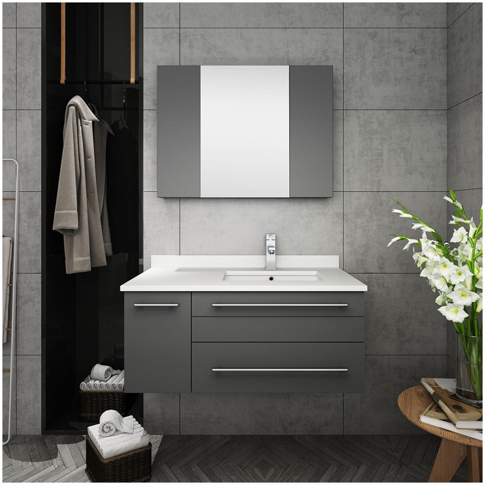 36 Gray Wall Hung Undermount Sink Bathroom Vanity w/ Medicine Cabinet - Right