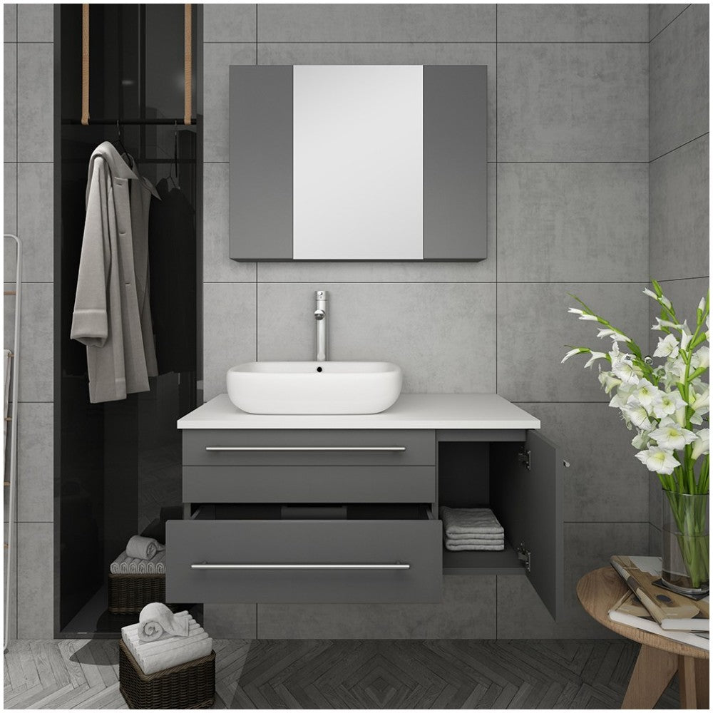 36 Gray Wall Hung Vessel Sink Bathroom Vanity w/ Medicine Cabinet - Left Version