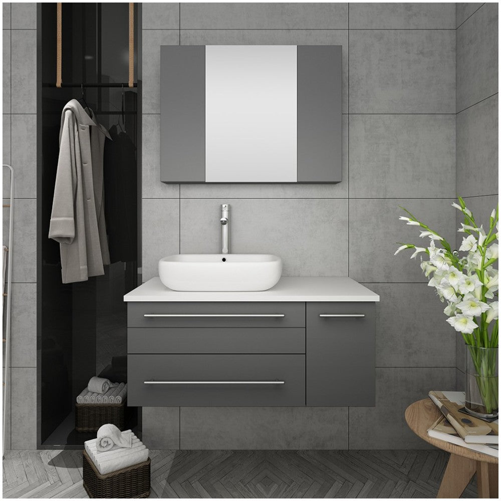 36 Gray Wall Hung Vessel Sink Bathroom Vanity w/ Medicine Cabinet - Left Version