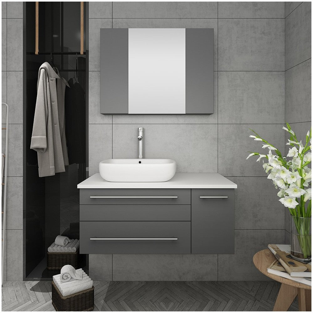 36 Gray Wall Hung Vessel Sink Bathroom Vanity w/ Medicine Cabinet - Right