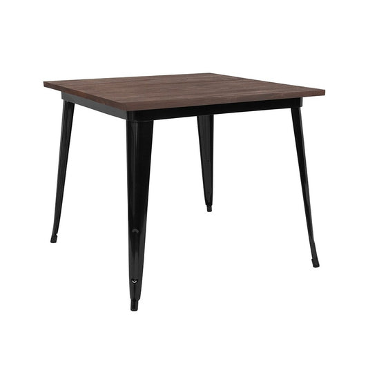 36" Square Black Metal Indoor Table with Walnut Rustic Wood Top