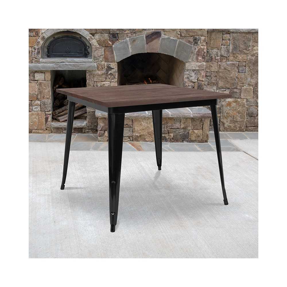 36" Square Black Metal Indoor Table with Walnut Rustic Wood Top