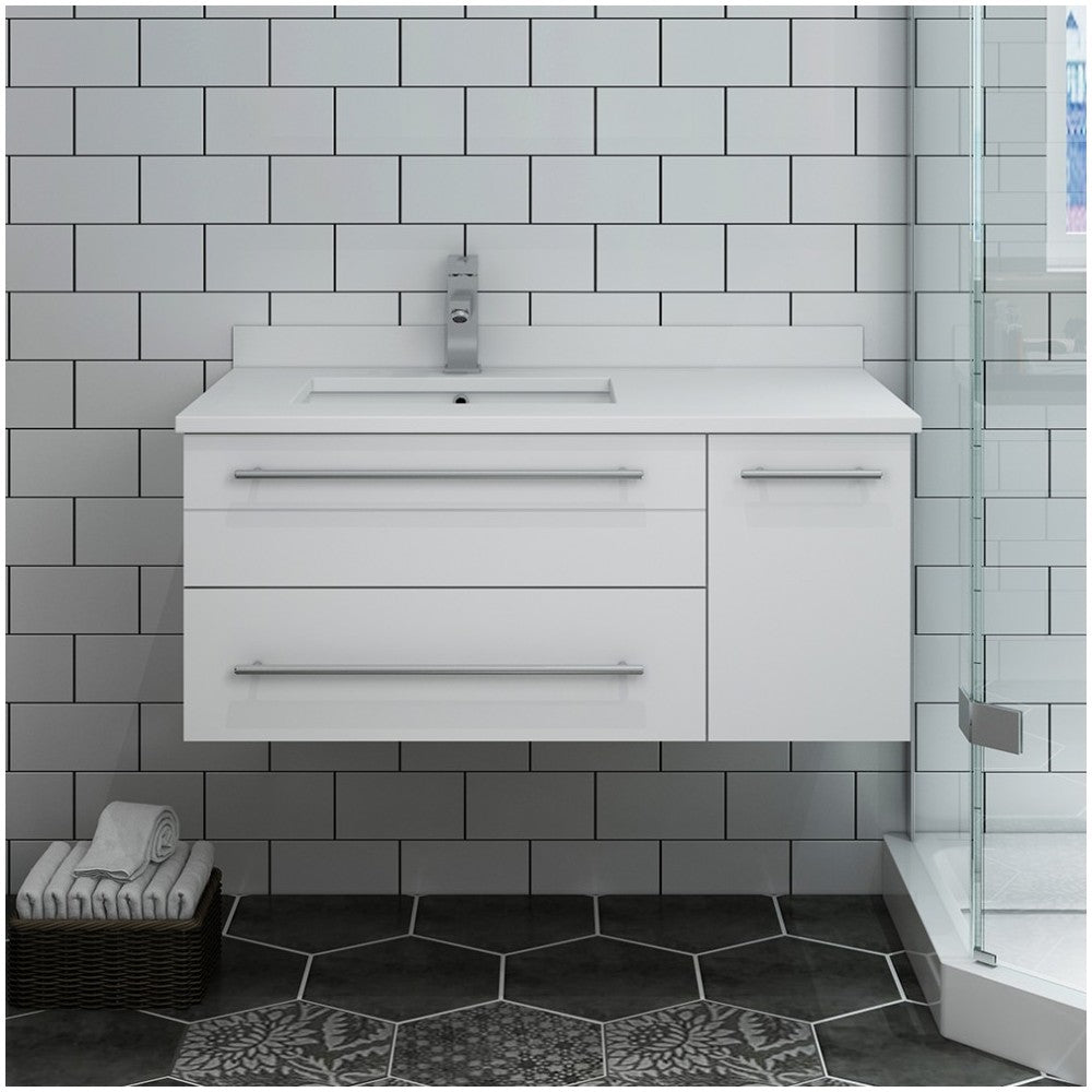 36 White Wall Hung Bathroom Cabinet w/ Top & Undermount Sink - Left Version