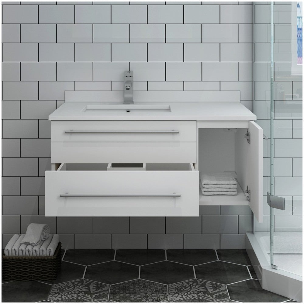 36 White Wall Hung Bathroom Cabinet w/ Top & Undermount Sink - Left Version