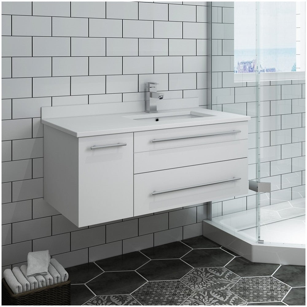 36 White Wall Hung Bathroom Cabinet w/ Top & Undermount Sink - Right Version