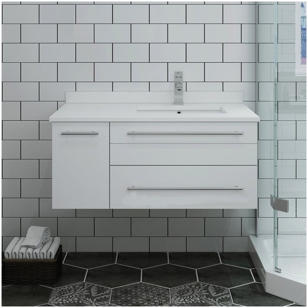 36 White Wall Hung Bathroom Cabinet w/ Top & Undermount Sink - Right Version