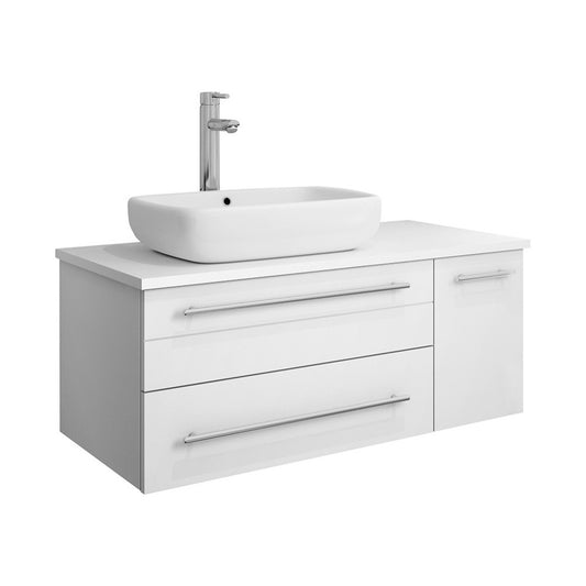 36 White Wall Hung Modern Bathroom Cabinet w/ Top & Vessel Sink - Left Version