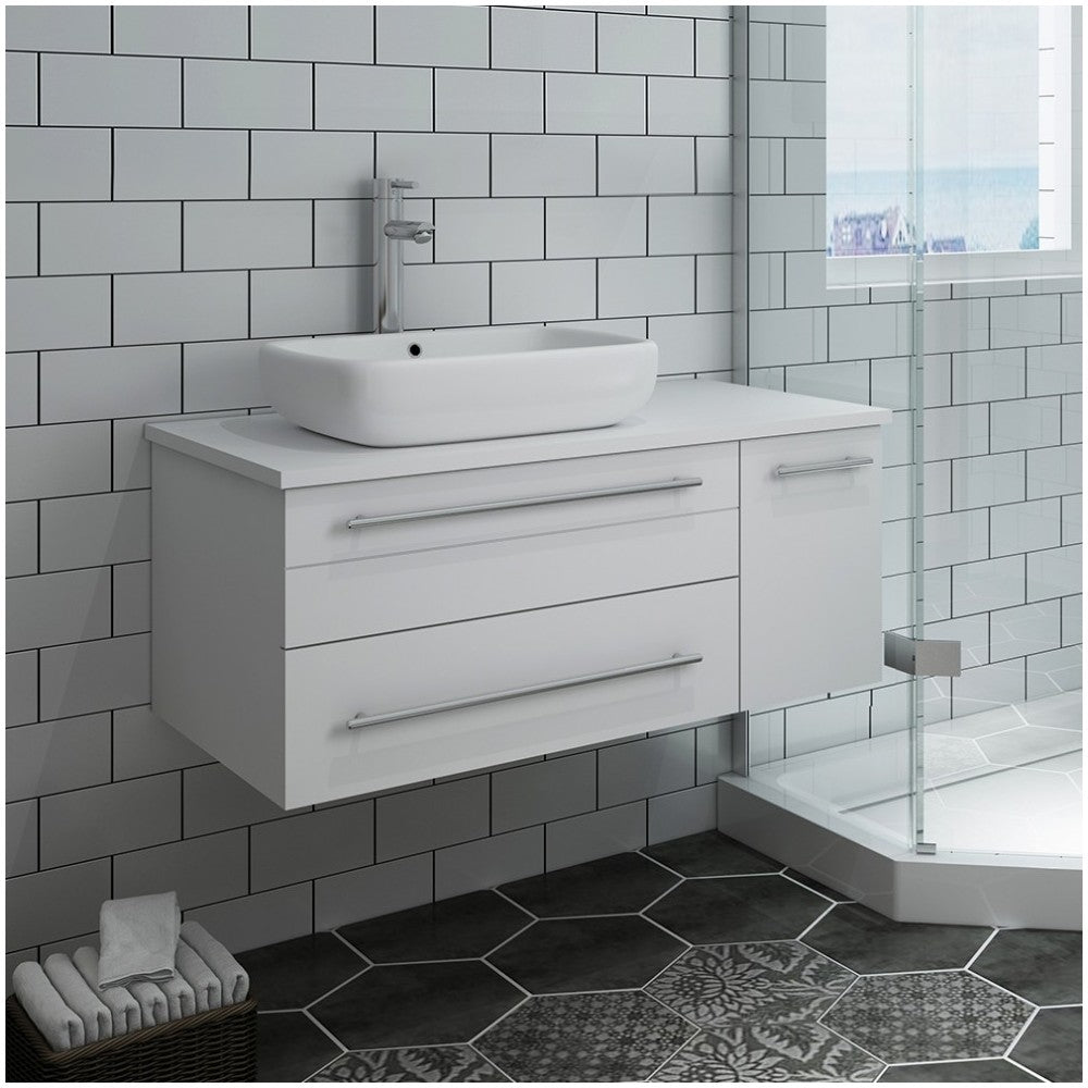 36 White Wall Hung Modern Bathroom Cabinet w/ Top & Vessel Sink - Left Version