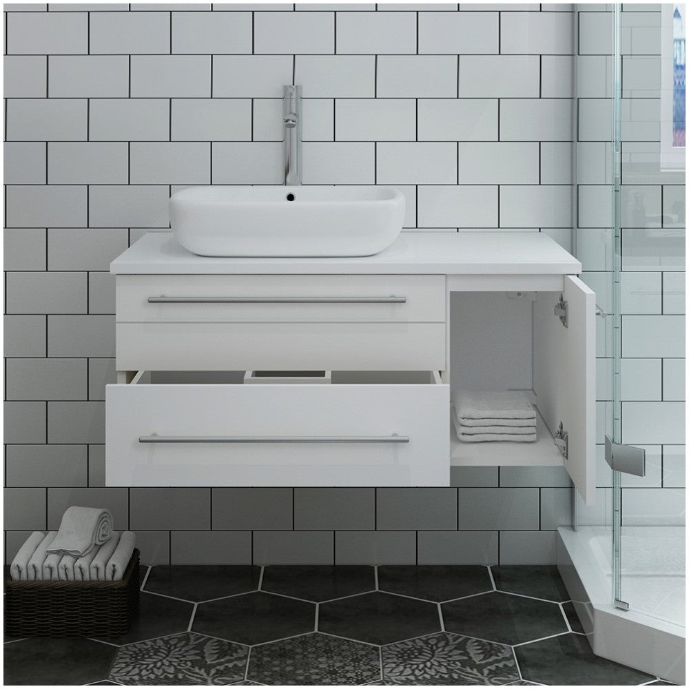36 White Wall Hung Modern Bathroom Cabinet w/ Top & Vessel Sink - Left Version