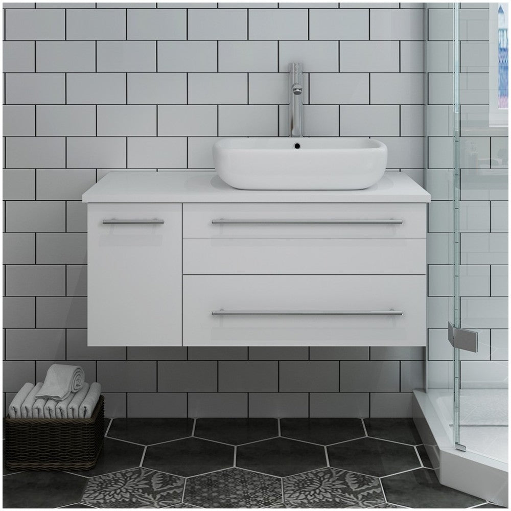 36 White Wall Hung Modern Bathroom Cabinet w/ Top & Vessel Sink - Right Version