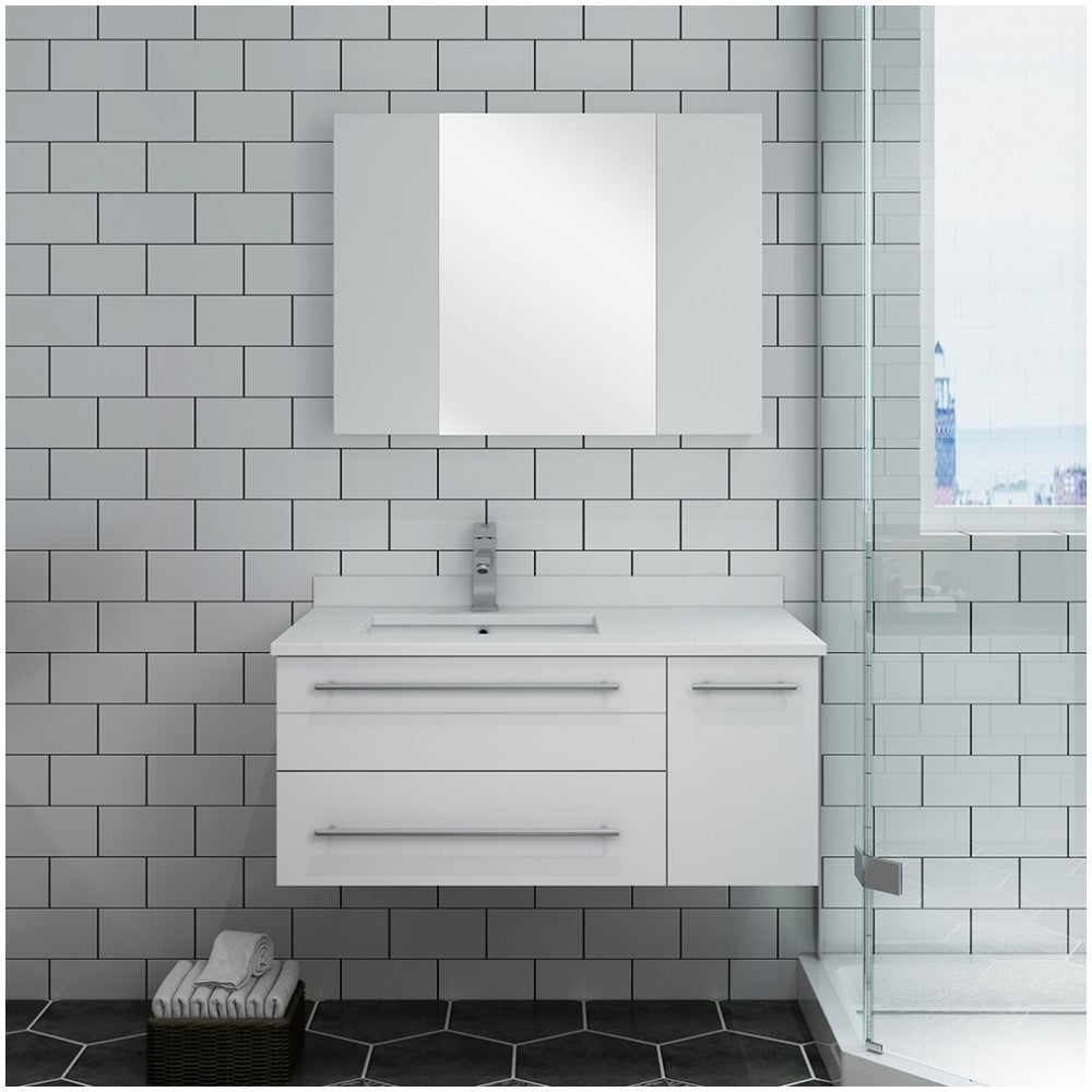 36 White Wall Hung Undermount Sink Bathroom Vanity w/ Medicine Cabinet - Left