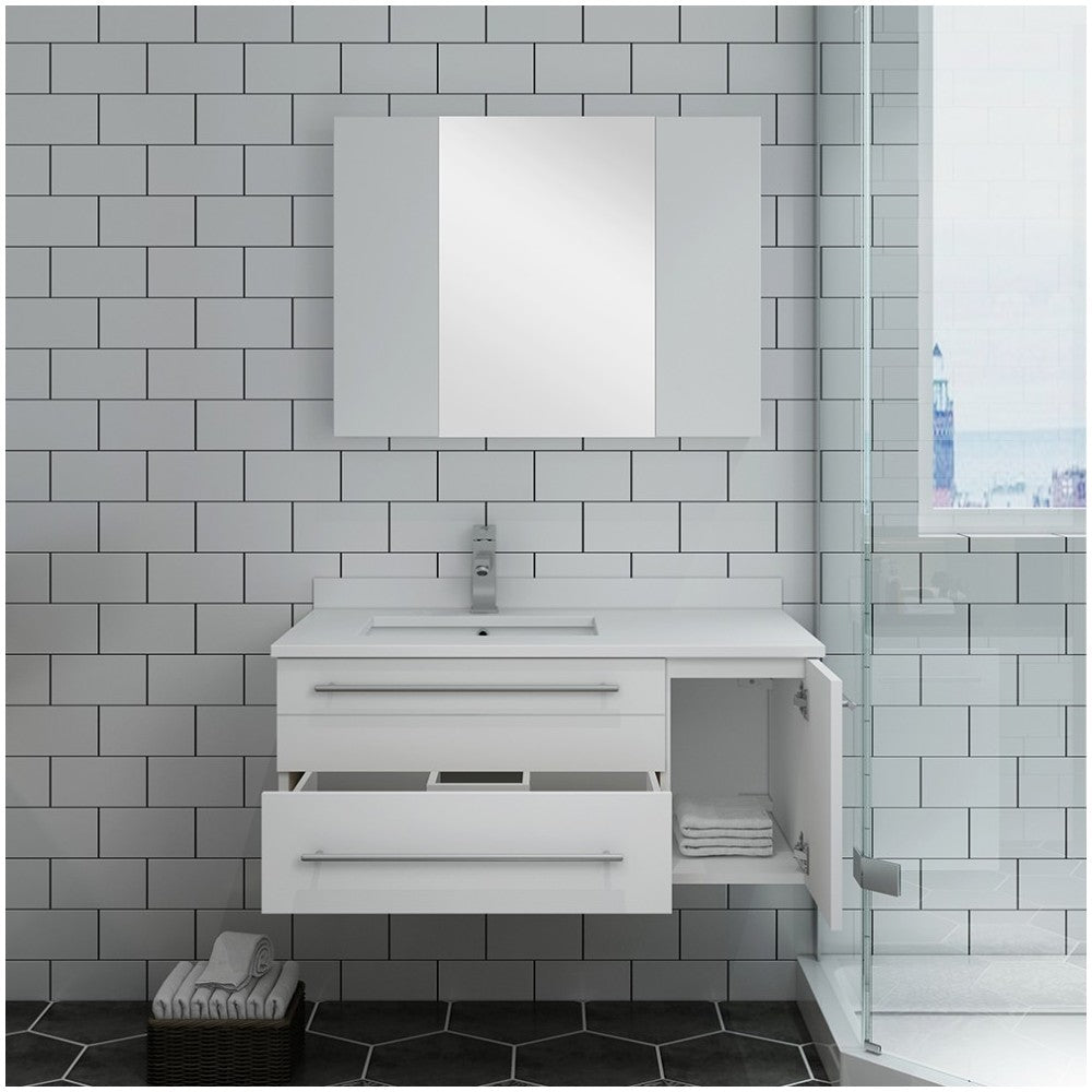 36 White Wall Hung Undermount Sink Bathroom Vanity w/ Medicine Cabinet - Left