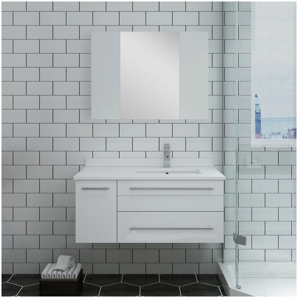 36 White Wall Hung Undermount Sink Bathroom Vanity w/ Medicine Cabinet - Right