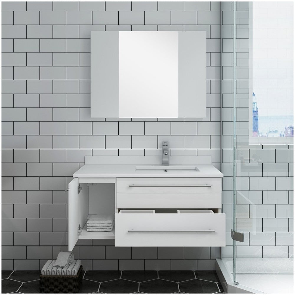 36 White Wall Hung Undermount Sink Bathroom Vanity w/ Medicine Cabinet - Right