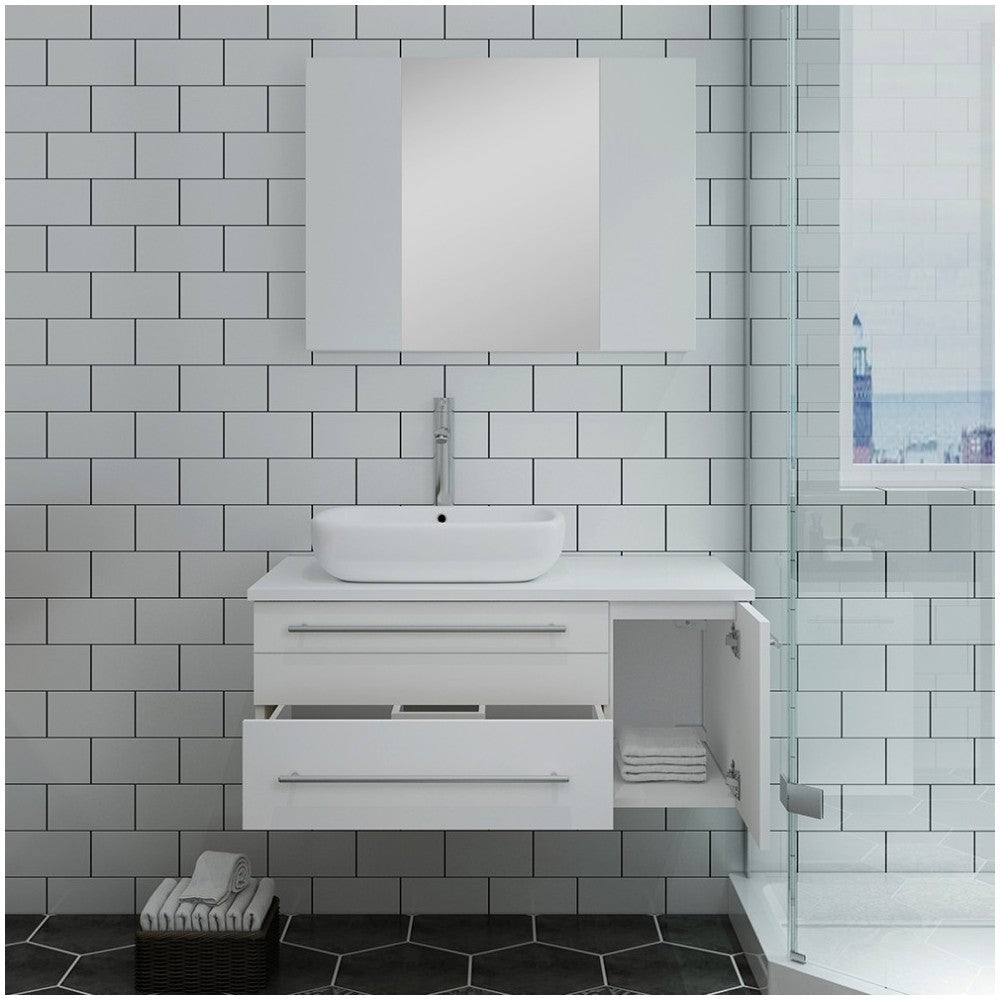 36 White Wall Hung Vessel Sink Bathroom Vanity w/ Medicine Cabinet - Left