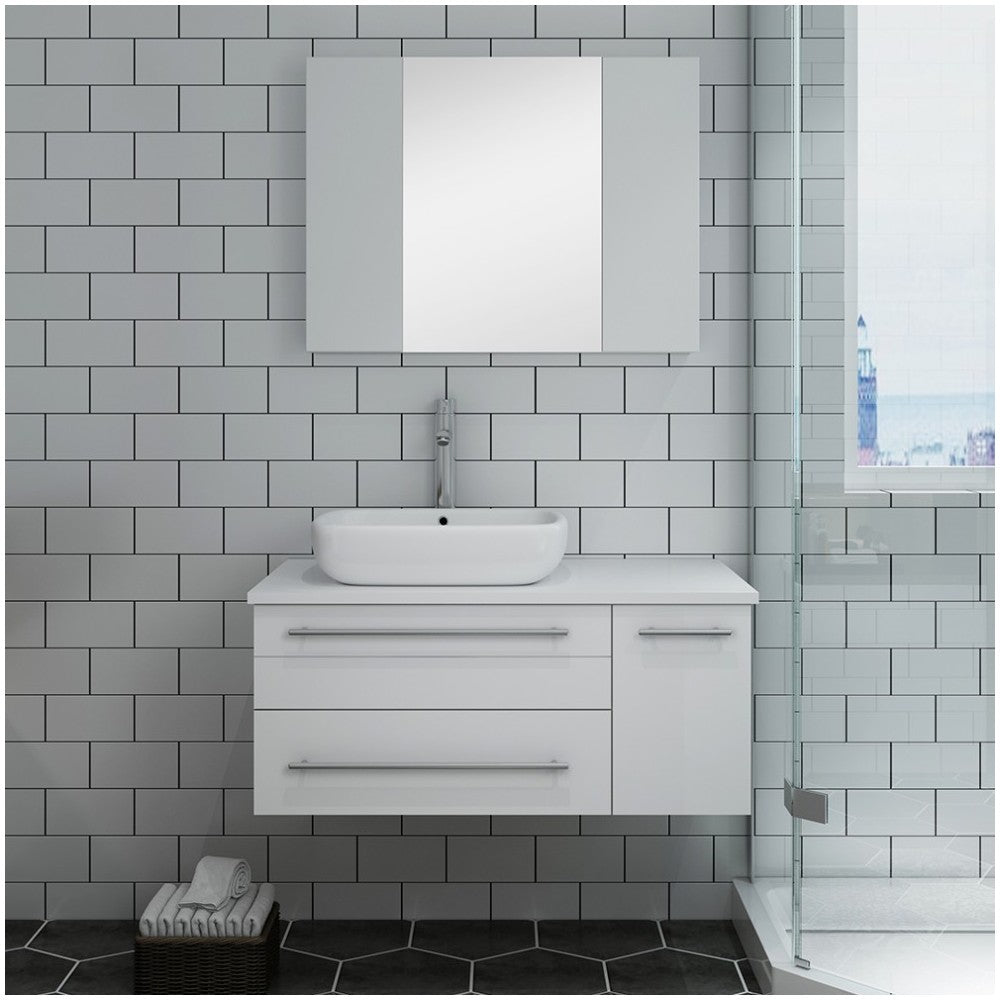 36 White Wall Hung Vessel Sink Bathroom Vanity w/ Medicine Cabinet - Left