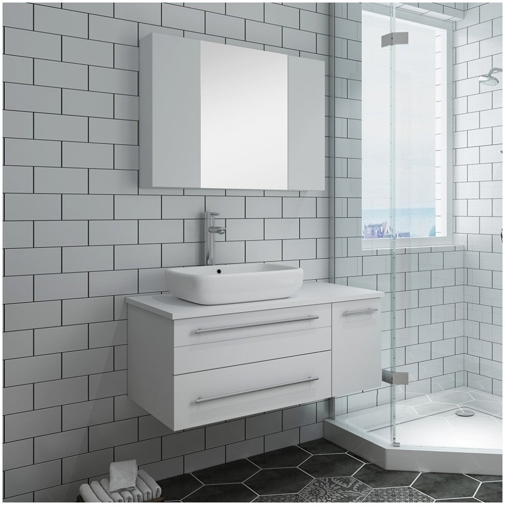 36 White Wall Hung Vessel Sink Bathroom Vanity w/ Medicine Cabinet - Left