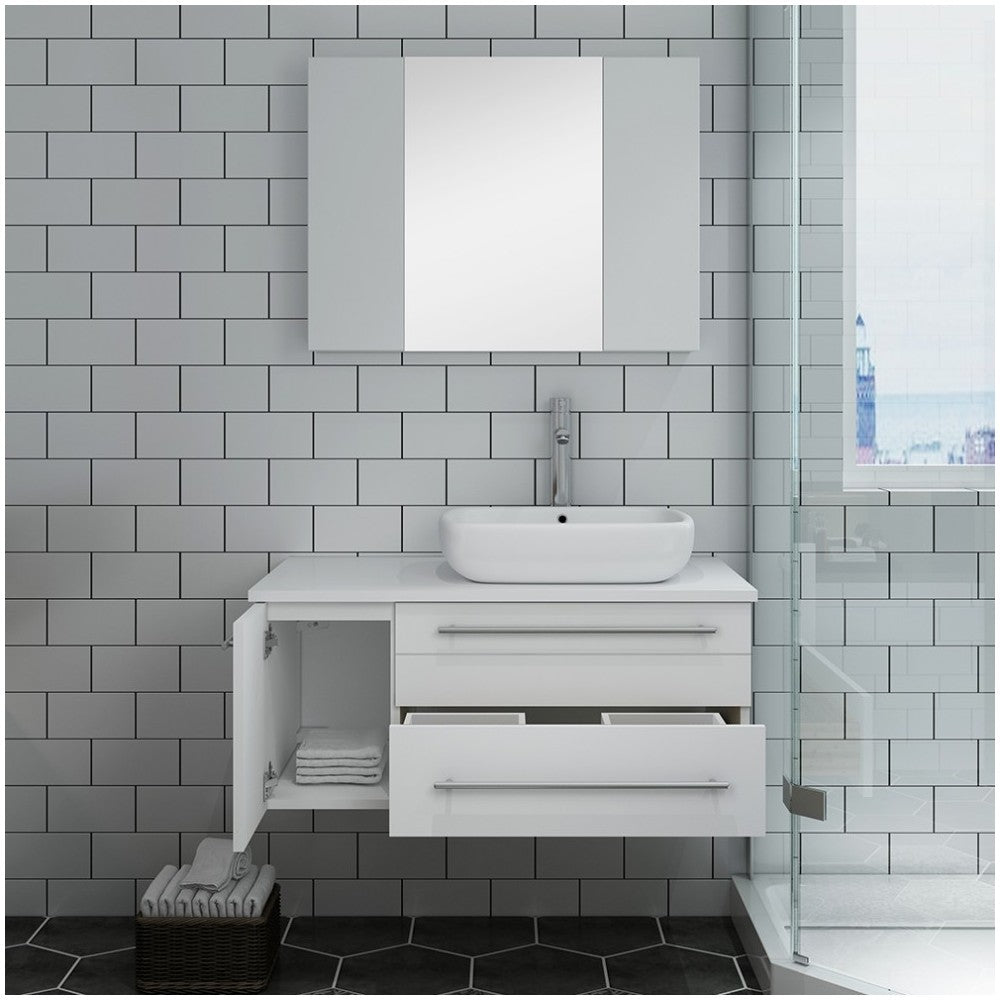 36 White Wall Hung Vessel Sink Bathroom Vanity w/ Medicine Cabinet - Right