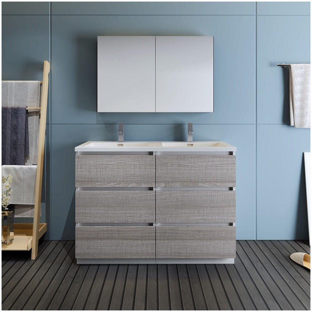 48 Ash Gray Free Standing Double Sink Modern Bathroom Vanity w/ Medicine Cabinet
