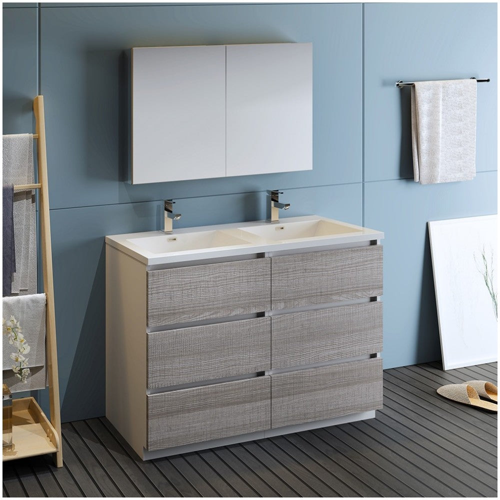 48 Ash Gray Free Standing Double Sink Modern Bathroom Vanity w/ Medicine Cabinet