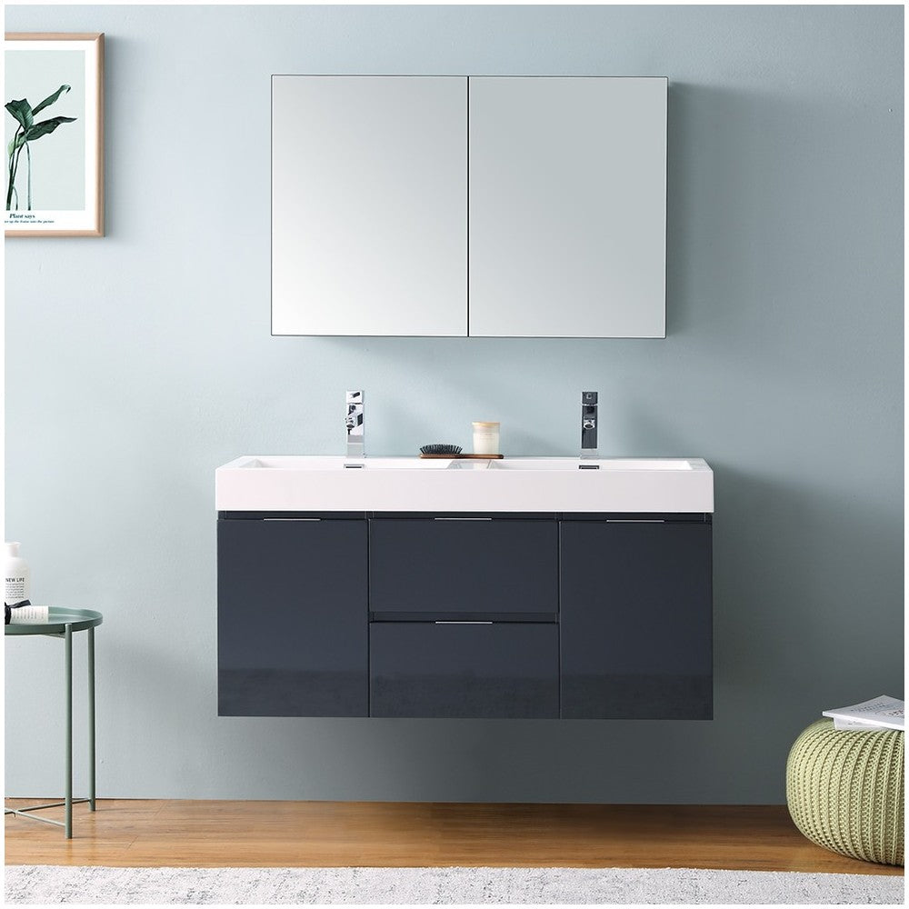 48 Dark Slate Gray Wall Hung Double Sink Bathroom Vanity w/ Medicine Cabinet