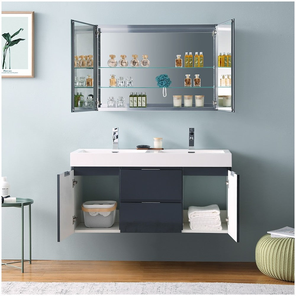 48 Dark Slate Gray Wall Hung Double Sink Bathroom Vanity w/ Medicine Cabinet