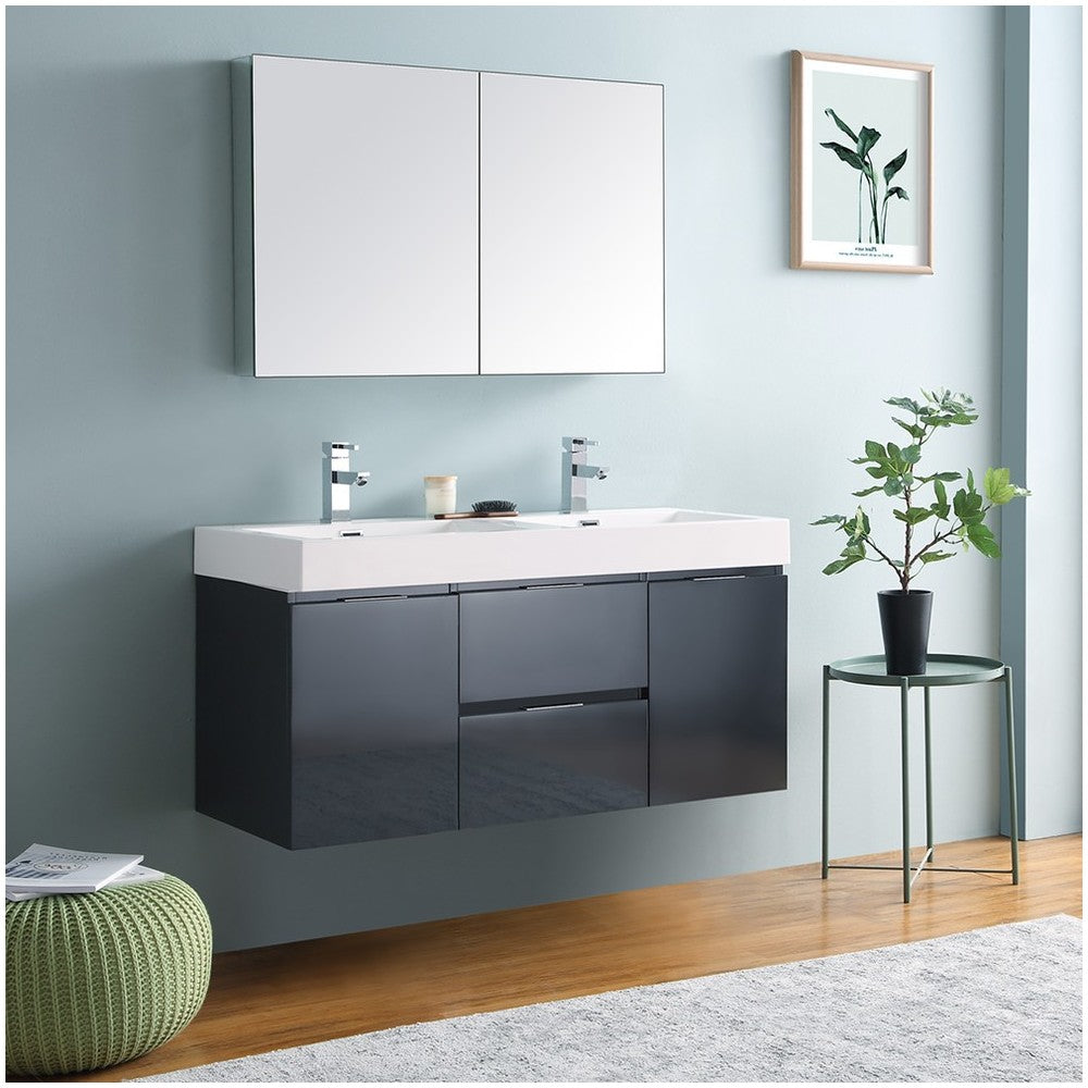 48 Dark Slate Gray Wall Hung Double Sink Bathroom Vanity w/ Medicine Cabinet