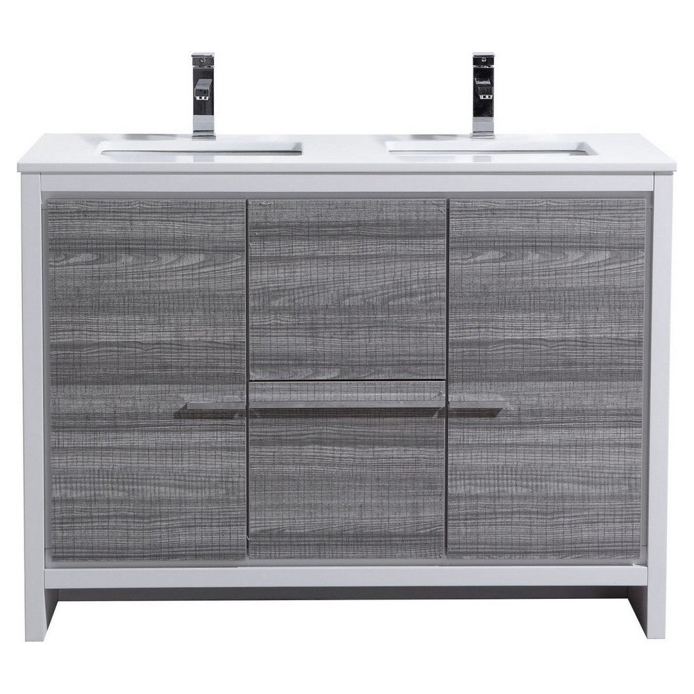 48" Double Sink Ash Gray Modern Bathroom Vanity With White Quartz Counter-Top