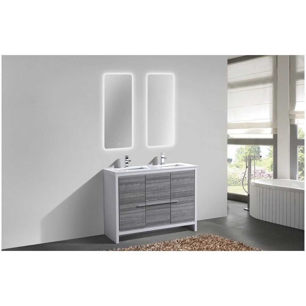 48" Double Sink Ash Gray Modern Bathroom Vanity With White Quartz Counter-Top
