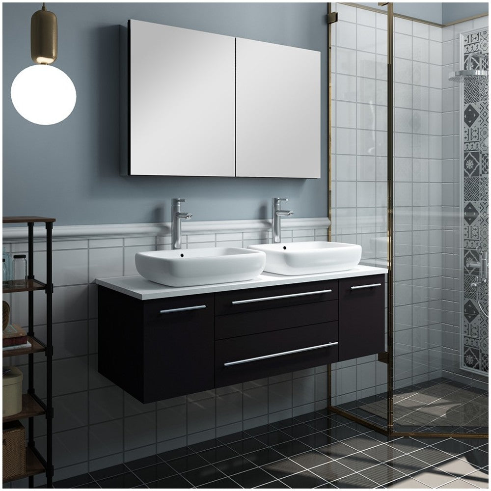 48 Espresso Wall Hung Double Vessel Sink Bathroom Vanity w/ Medicine Cabinet