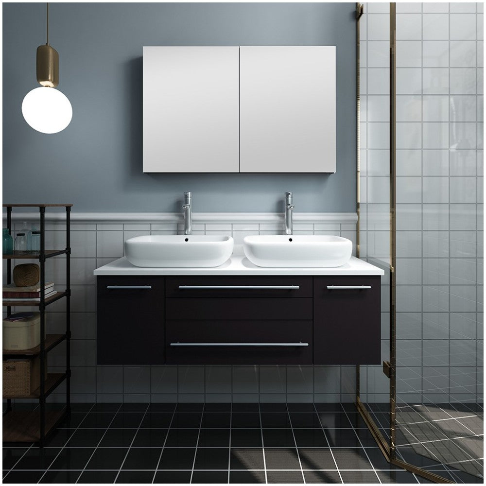 48 Espresso Wall Hung Double Vessel Sink Bathroom Vanity w/ Medicine Cabinet