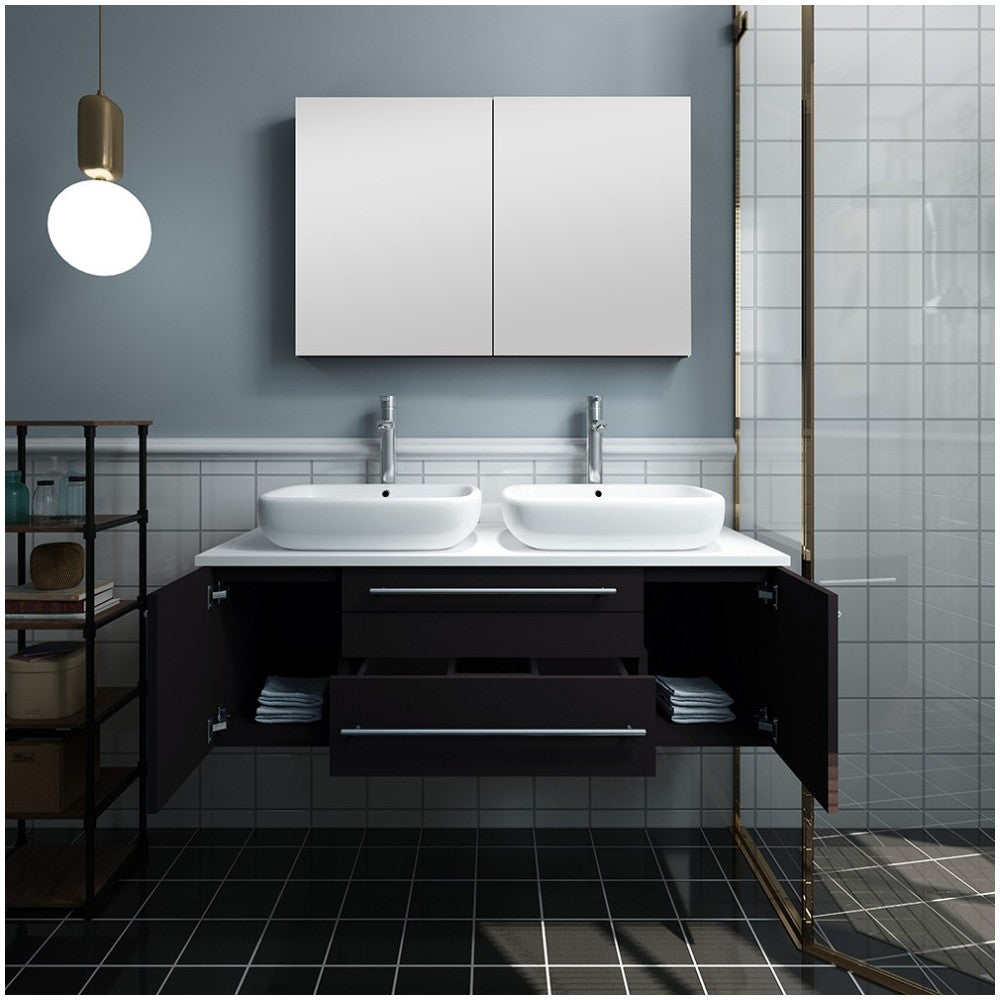 48 Espresso Wall Hung Double Vessel Sink Bathroom Vanity w/ Medicine Cabinet