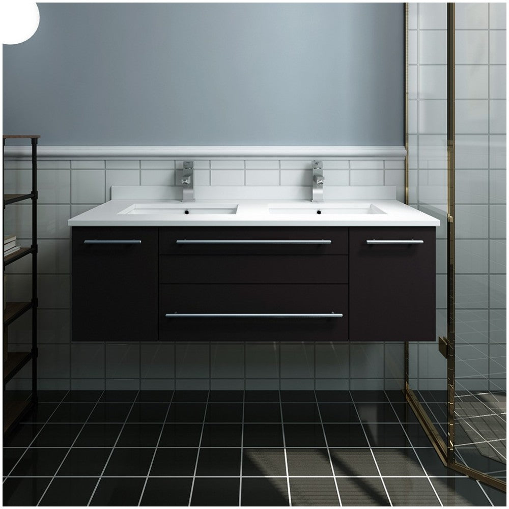 48 Espresso Wall Hung Modern Bathroom Cabinet w/ Top & Double Undermount Sinks