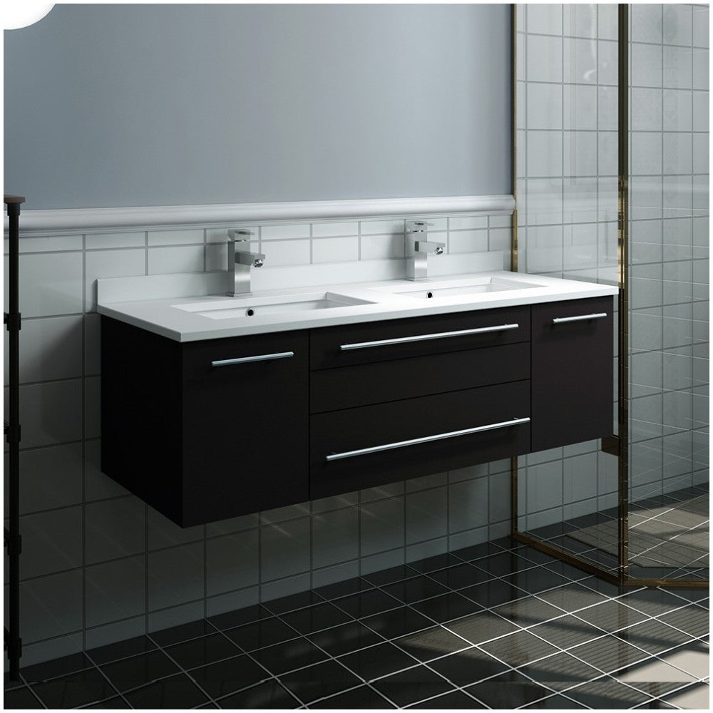 48 Espresso Wall Hung Modern Bathroom Cabinet w/ Top & Double Undermount Sinks