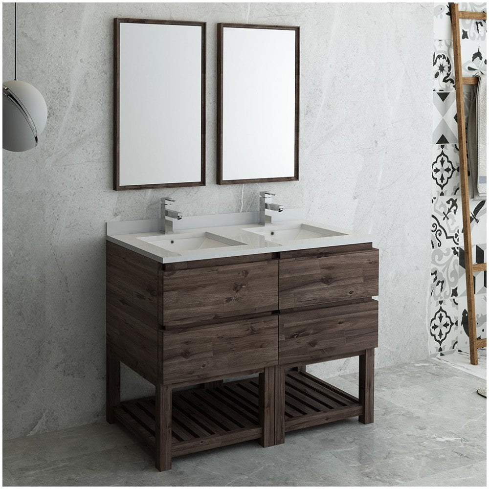 48 Floor Standing Double Sink Modern Bathroom Vanity w/ Open Bottom & Mirrors