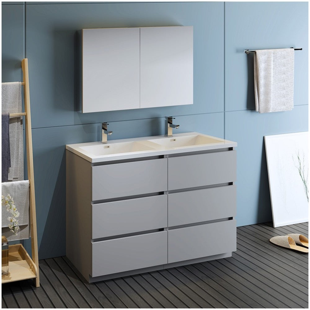48 Gray Free Standing Double Sink Modern Bathroom Vanity w/ Medicine Cabinet