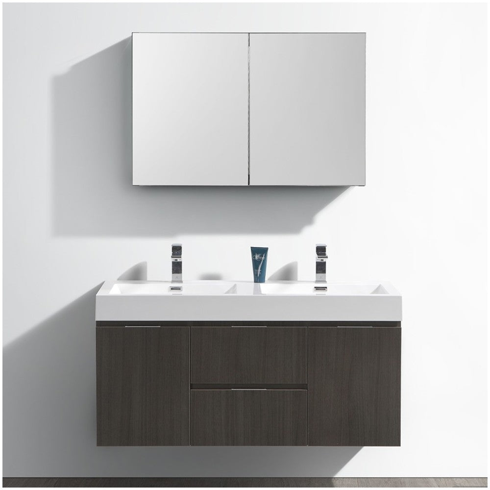 48 Gray Oak Wall Hung Double Sink Modern Bathroom Vanity w/ Medicine Cabinet